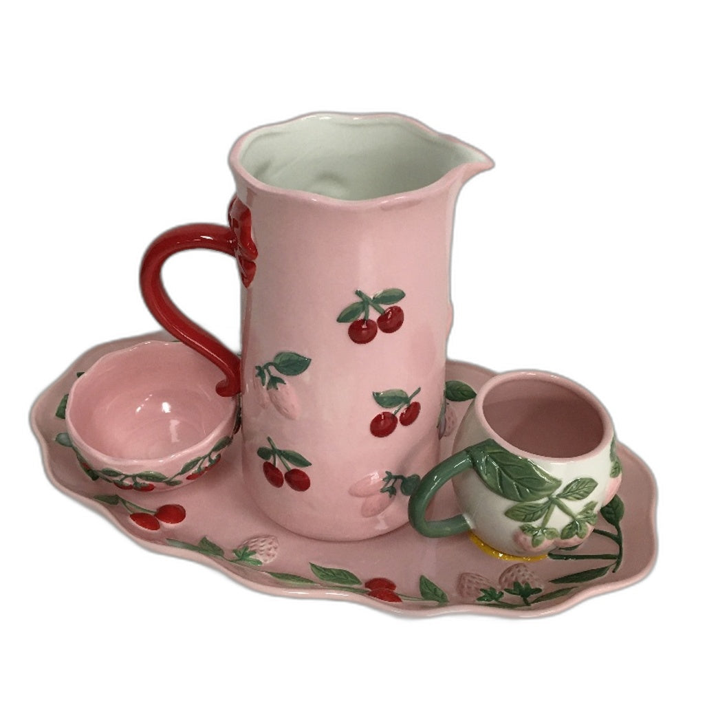 Fruit Salad Pink Cherries Strawberries Ceramic Jug Platter Mug 8 Pce Set NEW