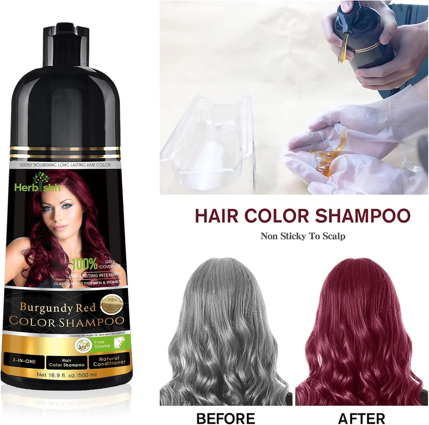 Herbishh 500ml 3 in 1 Burgundy Red Ammonia Free Hair Dye Shampoo NEW
