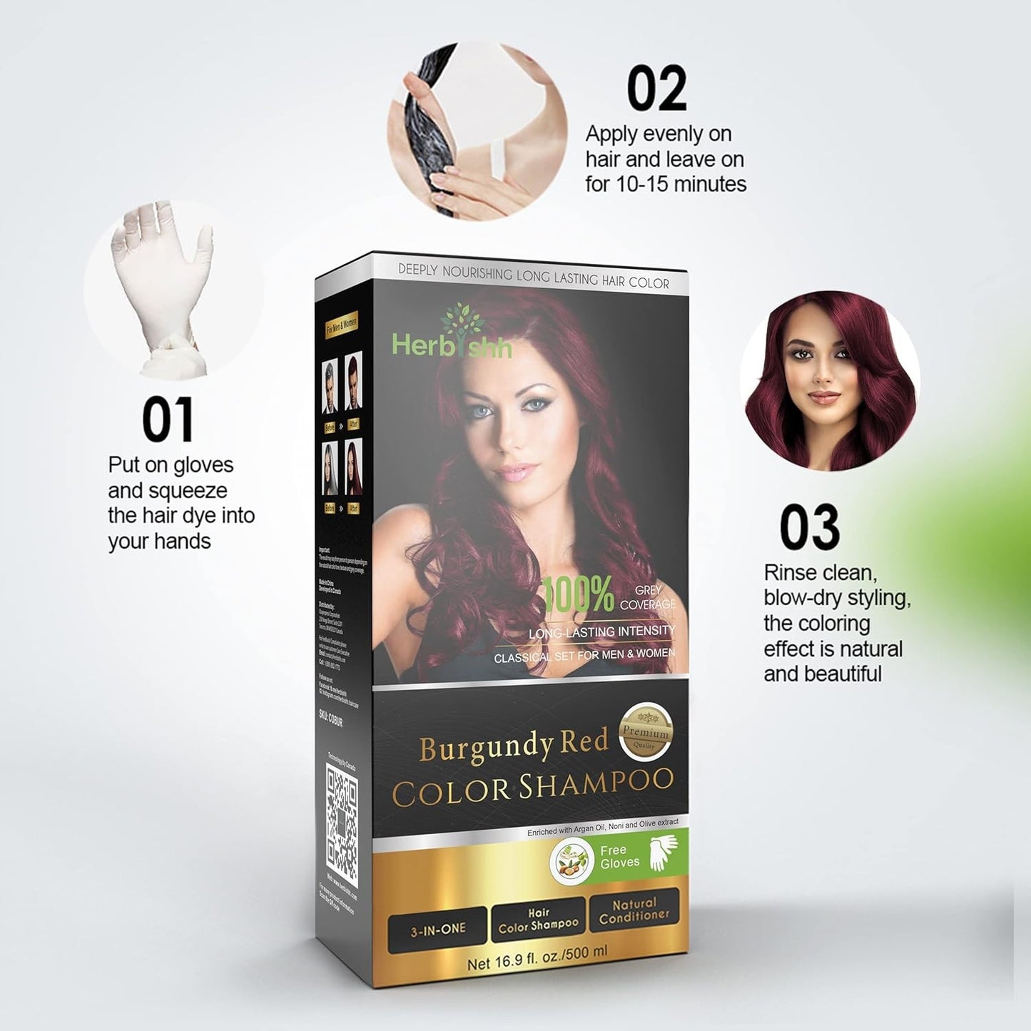 Herbishh 500ml 3 in 1 Burgundy Red Ammonia Free Hair Dye Shampoo NEW