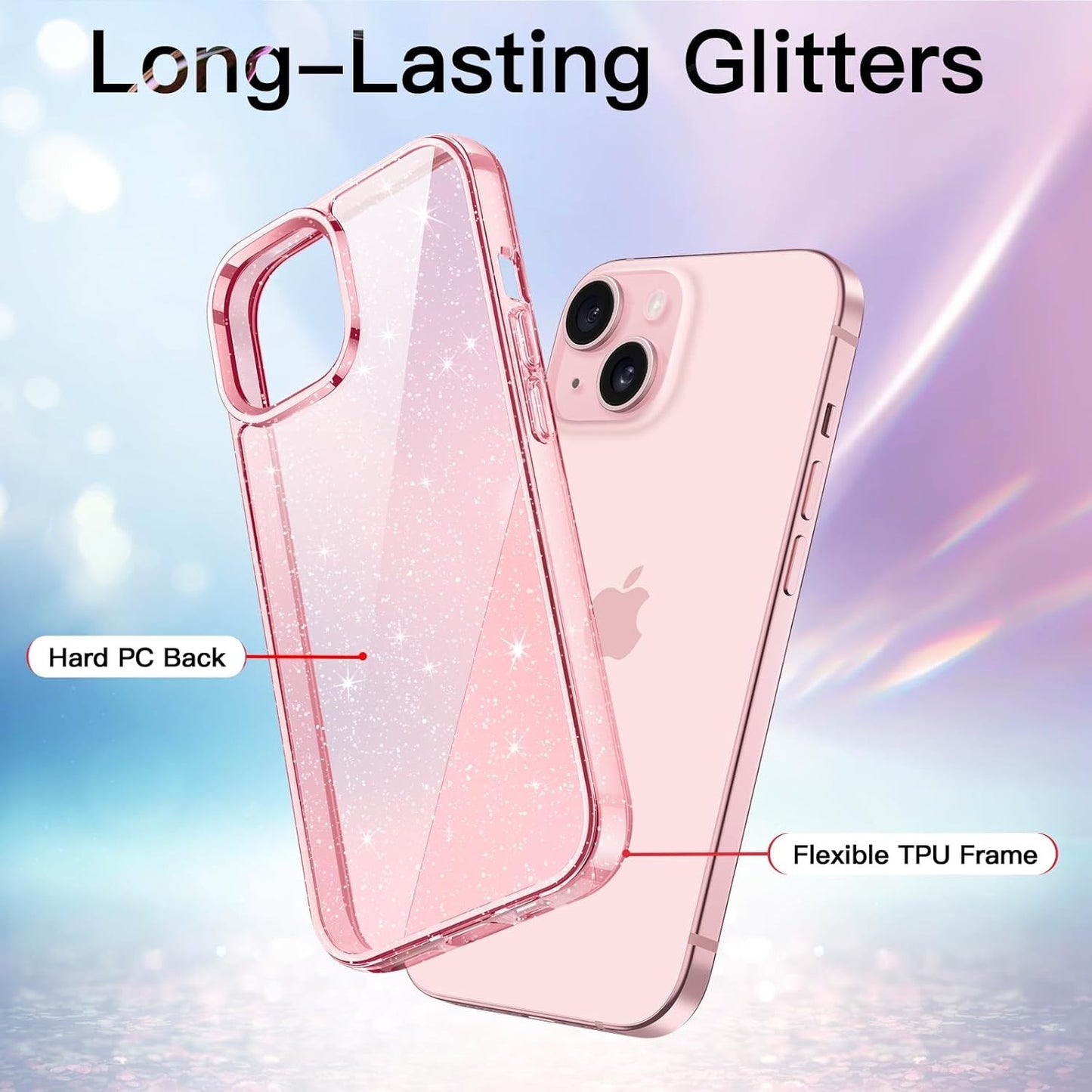 JETech Clear Pink Glitter Case for iPhone 15 6.1-Inch Shockproof Bling Cover NEW