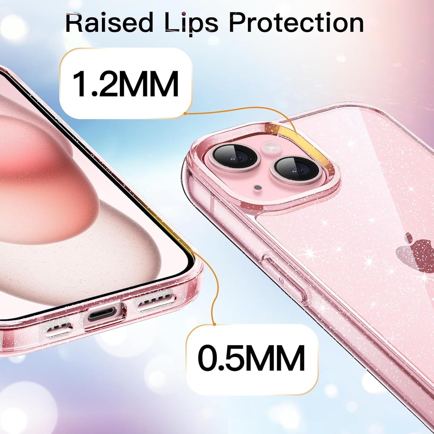 JETech Clear Pink Glitter Case for iPhone 15 6.1-Inch Shockproof Bling Cover NEW