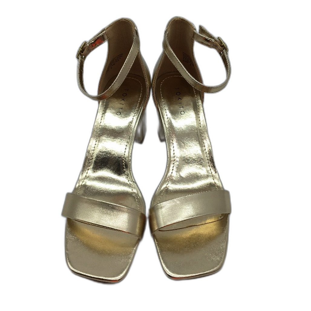 Tokito Tahnee Gold Ankle Strap Block Heeled Sandal Ladies Size 9 SAMPLE NEW