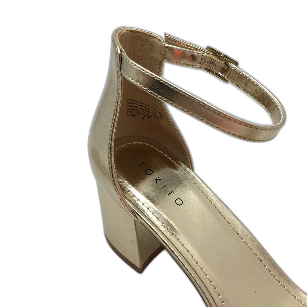 Tokito Tahnee Gold Ankle Strap Block Heeled Sandal Ladies Size 9 SAMPLE NEW