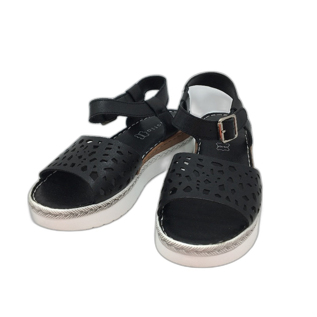 Regatta Black White Leather Wedge Platform Buckled Sandals Ladies Size 9 NEW
