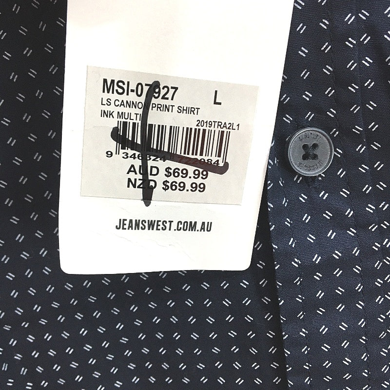 Jeanswest 100% Cotton Dark Navy Long Sleeve Patterned Shirt Mens Size L NEW