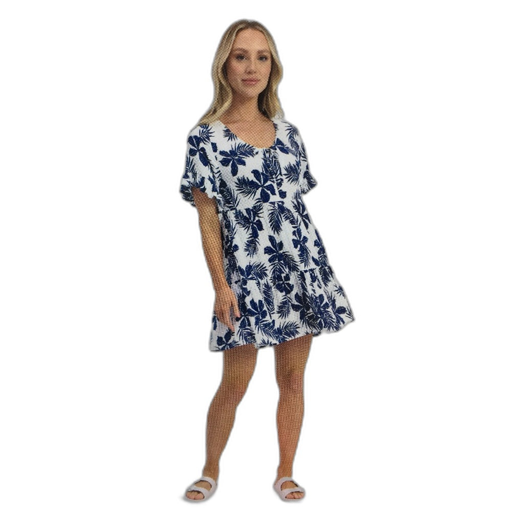 Serra Blue & White Floral Patterned Mini Beach Dress Ladies Size 10 NEW