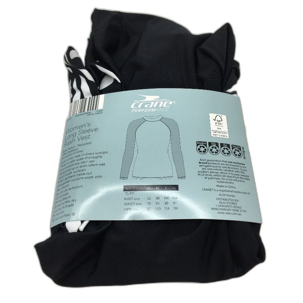 Crane UPF 50 Black & White Pattern Long Sleeve Rash Vest Ladies Size Large NEW