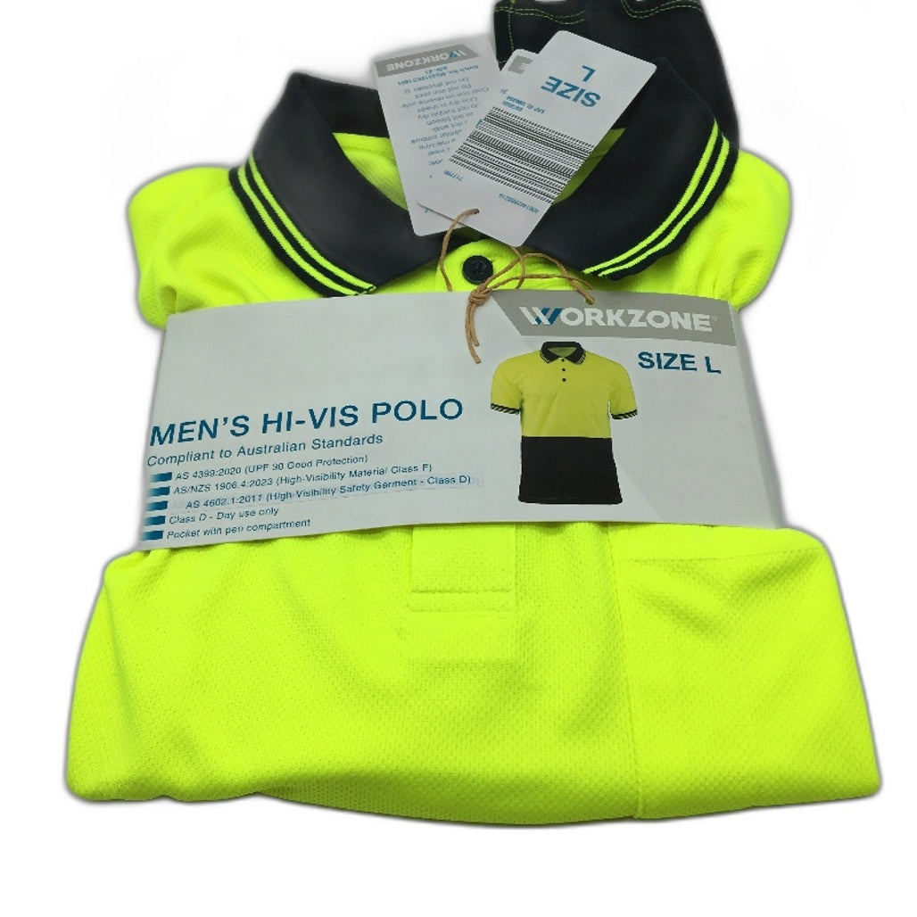 Workzone Green Hi-Vis Safety Collared Polo Short Sleeve Work Shirt Mens Sz L NEW