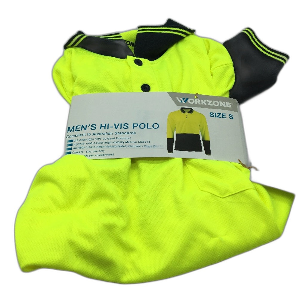 Workzone Green Hi-Vis Safety Collared Polo Long Sleeve Work Shirt Mens Sz S NEW