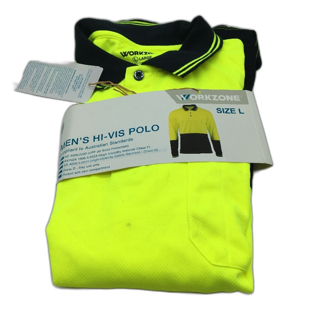 Workzone Green Hi-Vis Safety Collared Polo Long Sleeve Work Shirt Mens Sz L NEW