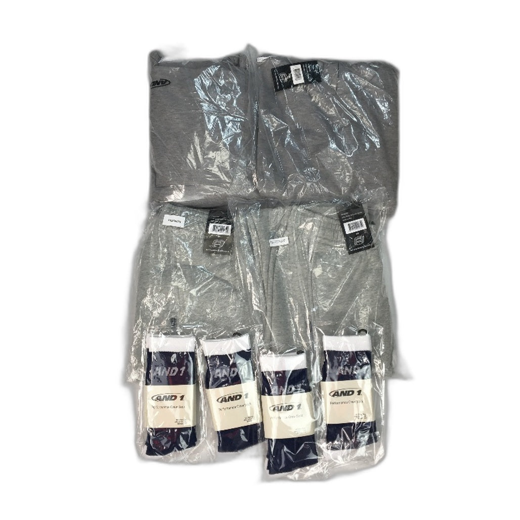 AND1 Grey 8Pc Set 2x Hoodies & 2x Track Pants, 4 Pairs Socks Mens Size 2XS