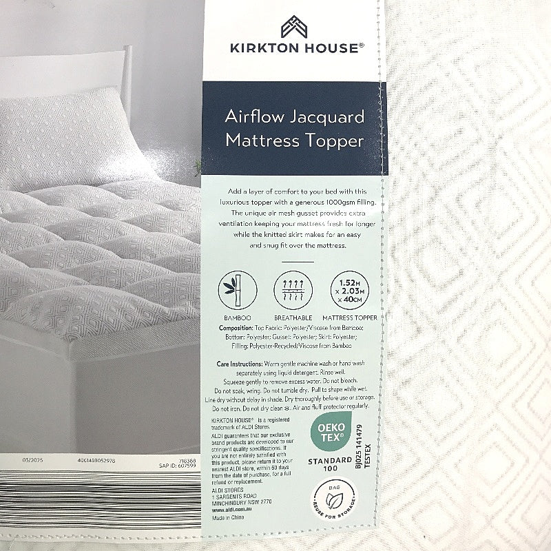 Kirkton House Airflow Jacquard Bamboo Mattress Topper QUEEN Size NEW
