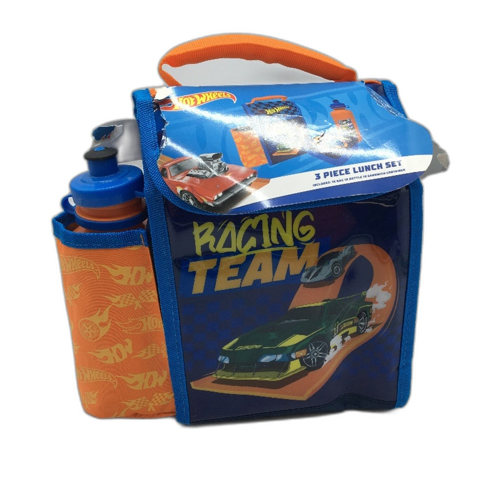 Hot Wheels 3 Piece Lunch Box Set Bag Bottle & Sandwich Container NEW