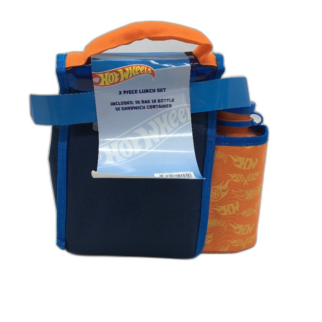 Hot Wheels 3 Piece Lunch Box Set Bag Bottle & Sandwich Container NEW