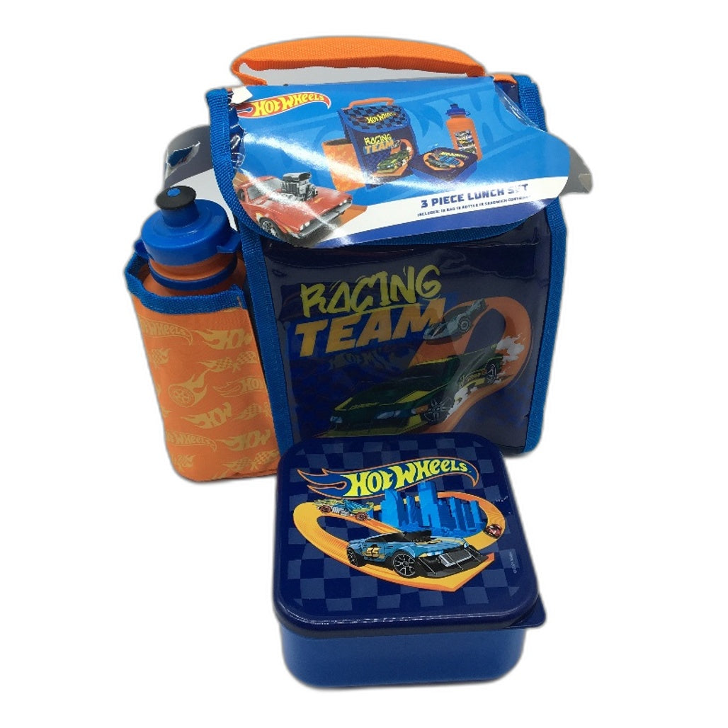 Hot Wheels 3 Piece Lunch Box Set Bag Bottle & Sandwich Container NEW