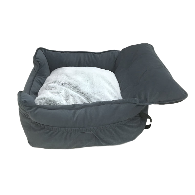 Petplay Small Grey Luxury Pet Car Travel Seat Soft Plush Bed 53x50cm