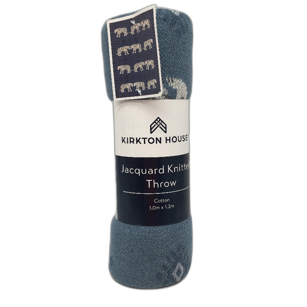 Kirkton House Tiger Design Blue Cotton Jacquard Knitted Throw Blanket NEW