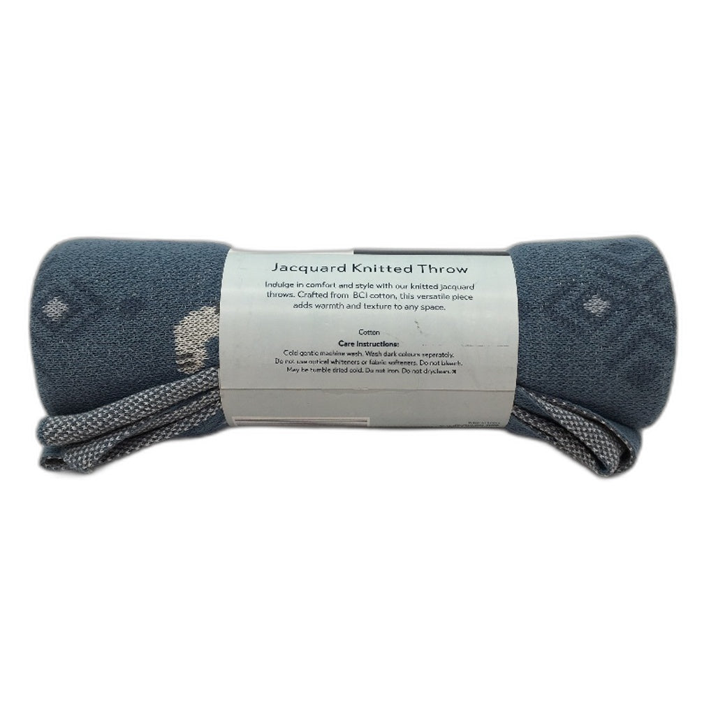 Kirkton House Tiger Design Blue Cotton Jacquard Knitted Throw Blanket NEW