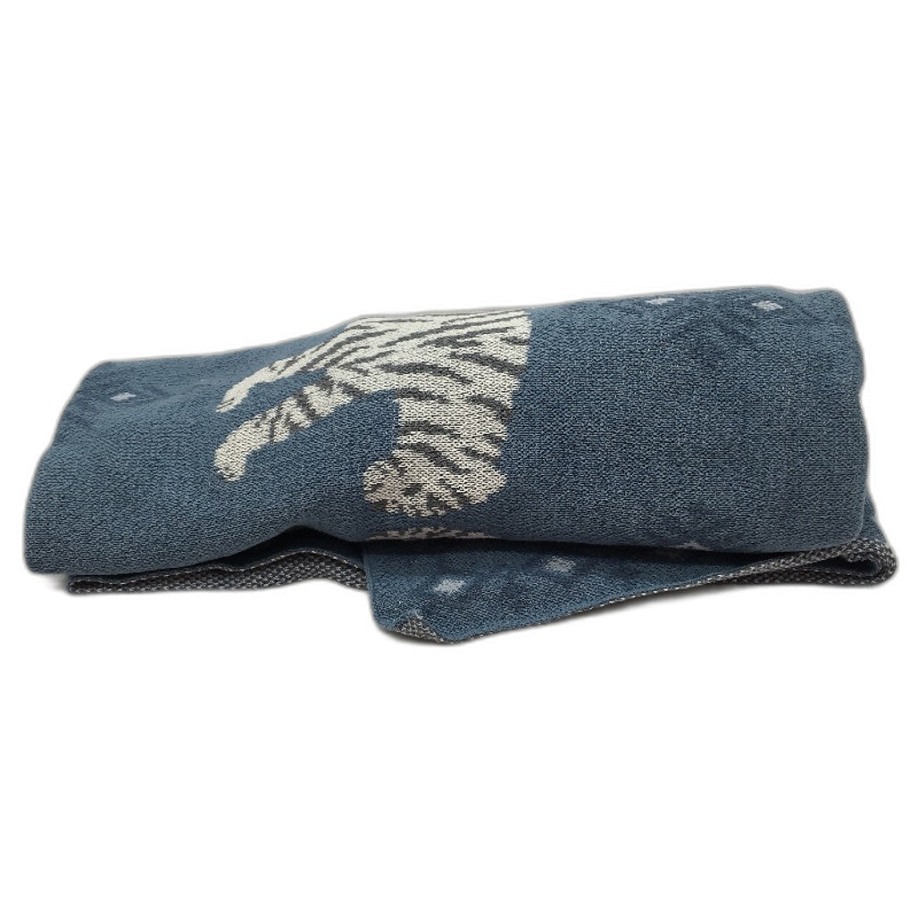 Kirkton House Tiger Design Blue Cotton Jacquard Knitted Throw Blanket NEW