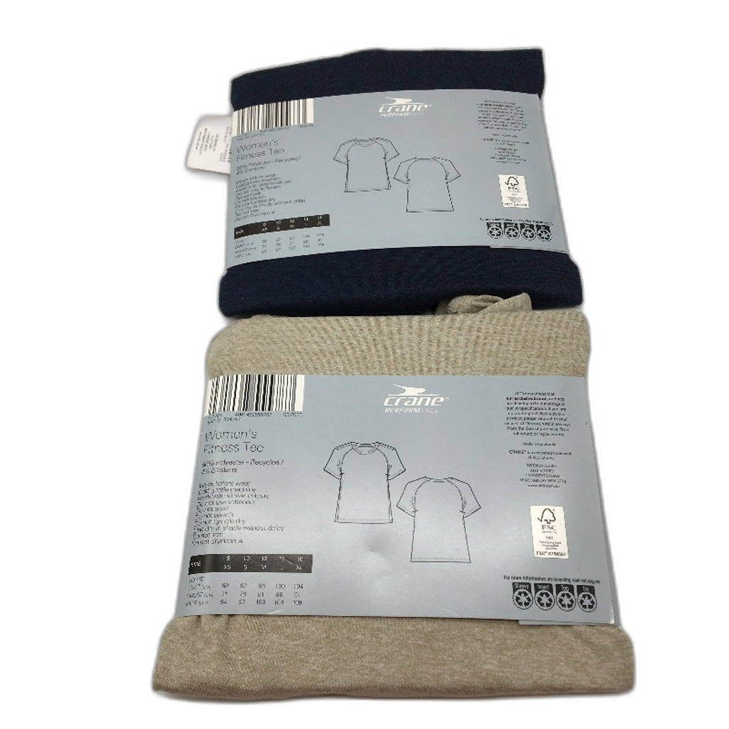 Crane Performance Tan & Navy 2Pack Fitness Cotton Tees Ladies Size XS NEW