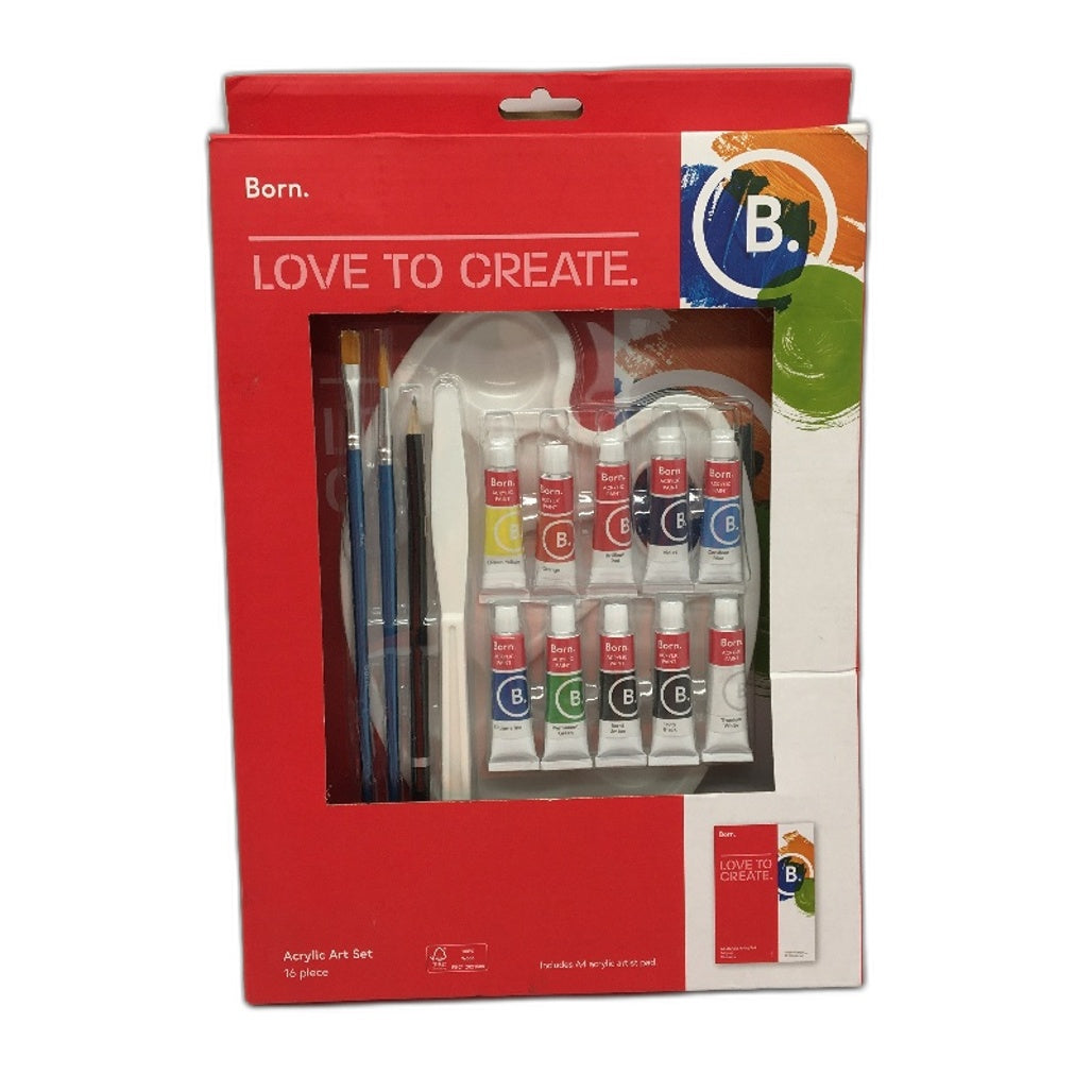 Born 16 Piece Acrylic Art Set With Brushes, Paint & More NEW