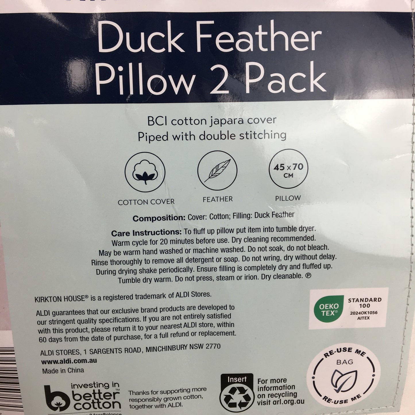 Kirkton House Duck Feather 2 Pack Cotton Cover Standard Pillow Set NEW