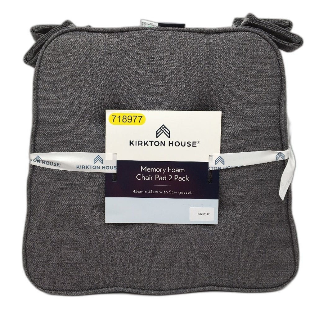 Kirkton House 2Pk Indoor Collection Memory Foam Grey Chair Pad 43 x 41cm NEW