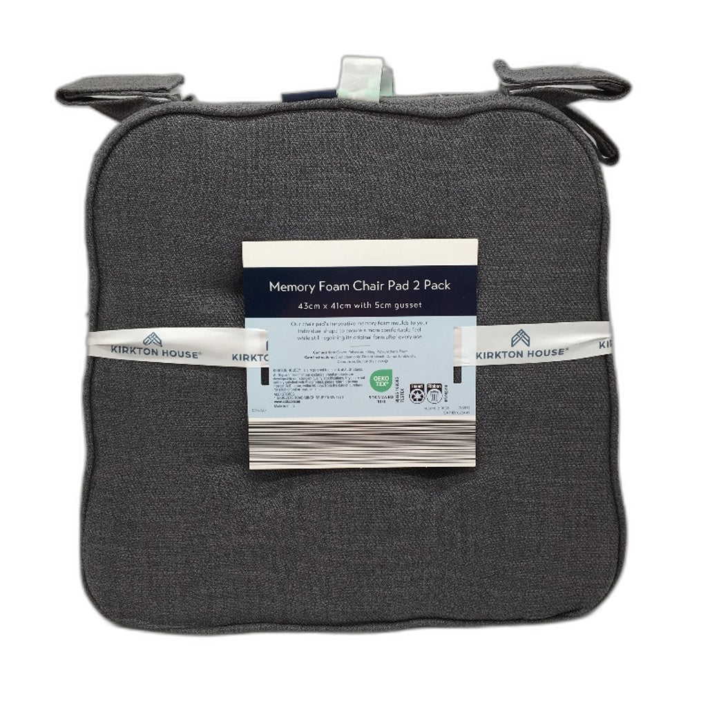 Kirkton House 2Pk Indoor Collection Memory Foam Grey Chair Pad 43 x 41cm NEW