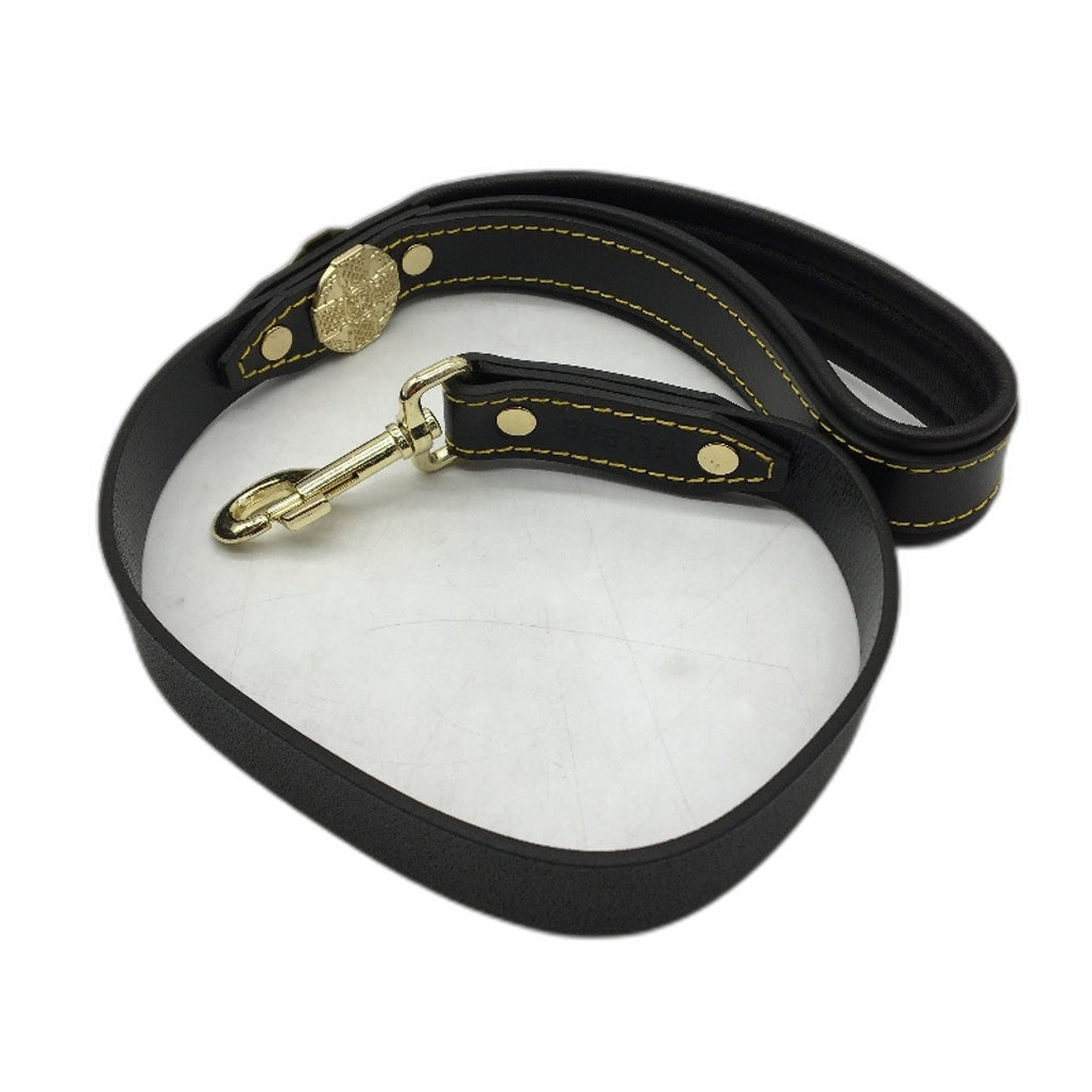 Bestia Dog Gear Black Maximus Gold Leash 1 Inch Wide Leather Padded Handle NEW