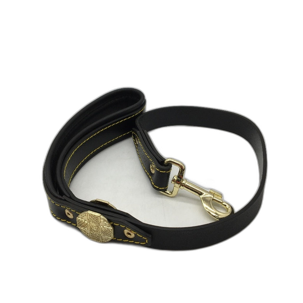 Bestia Dog Gear Black Maximus Gold Leash 1 Inch Wide Leather Padded Handle NEW