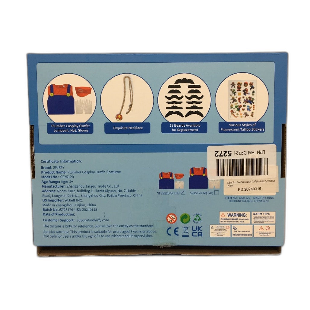 Skirfy Plumber Super Mario Cosplay Outfit Costume Accessories Set Kids Size 110