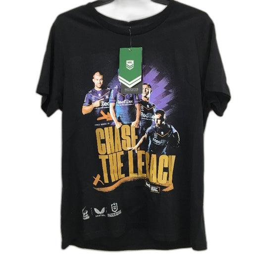 NRL Authentics 2023 Melbourne Storm 'Chase The Legacy' Black T-Shirt Ladies Sz M