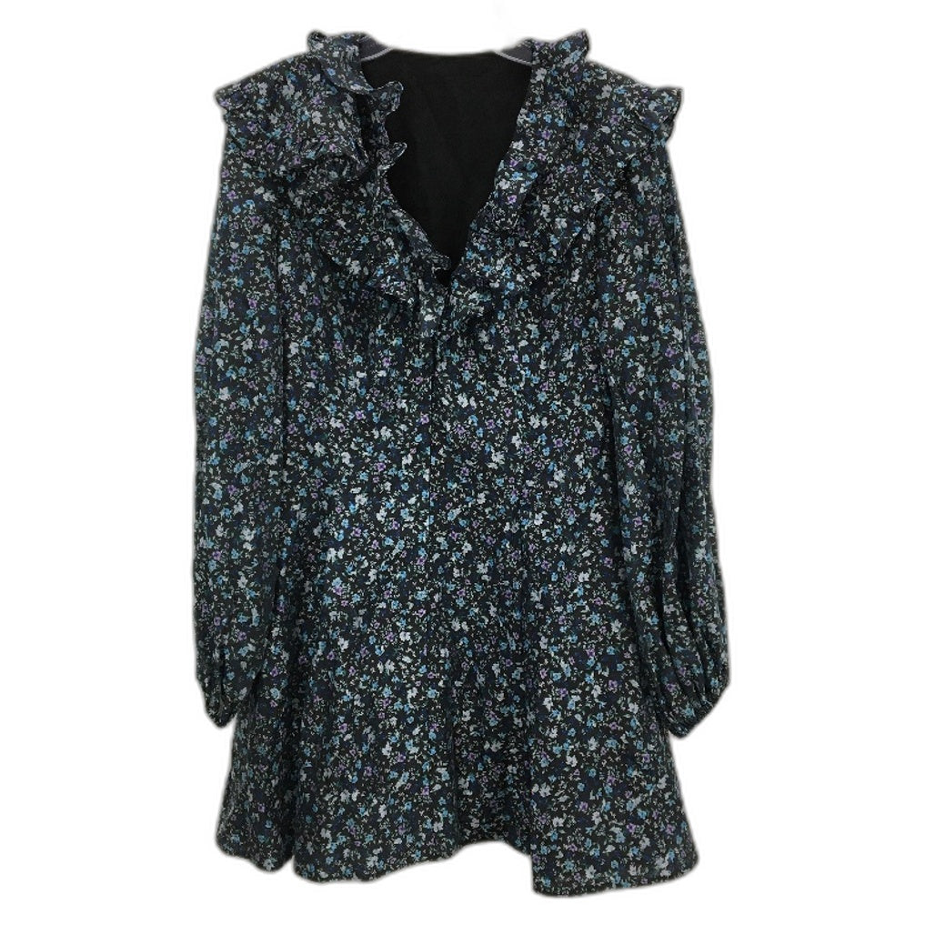 Black Floral Patterned Sheer Long Sleeve Ruffle Collar Mini Dress Ladies Size M