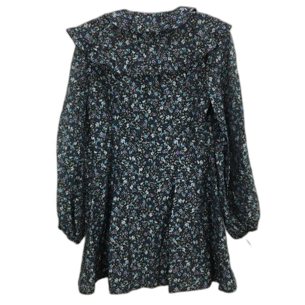 Black Floral Patterned Sheer Long Sleeve Ruffle Collar Mini Dress Ladies Size M