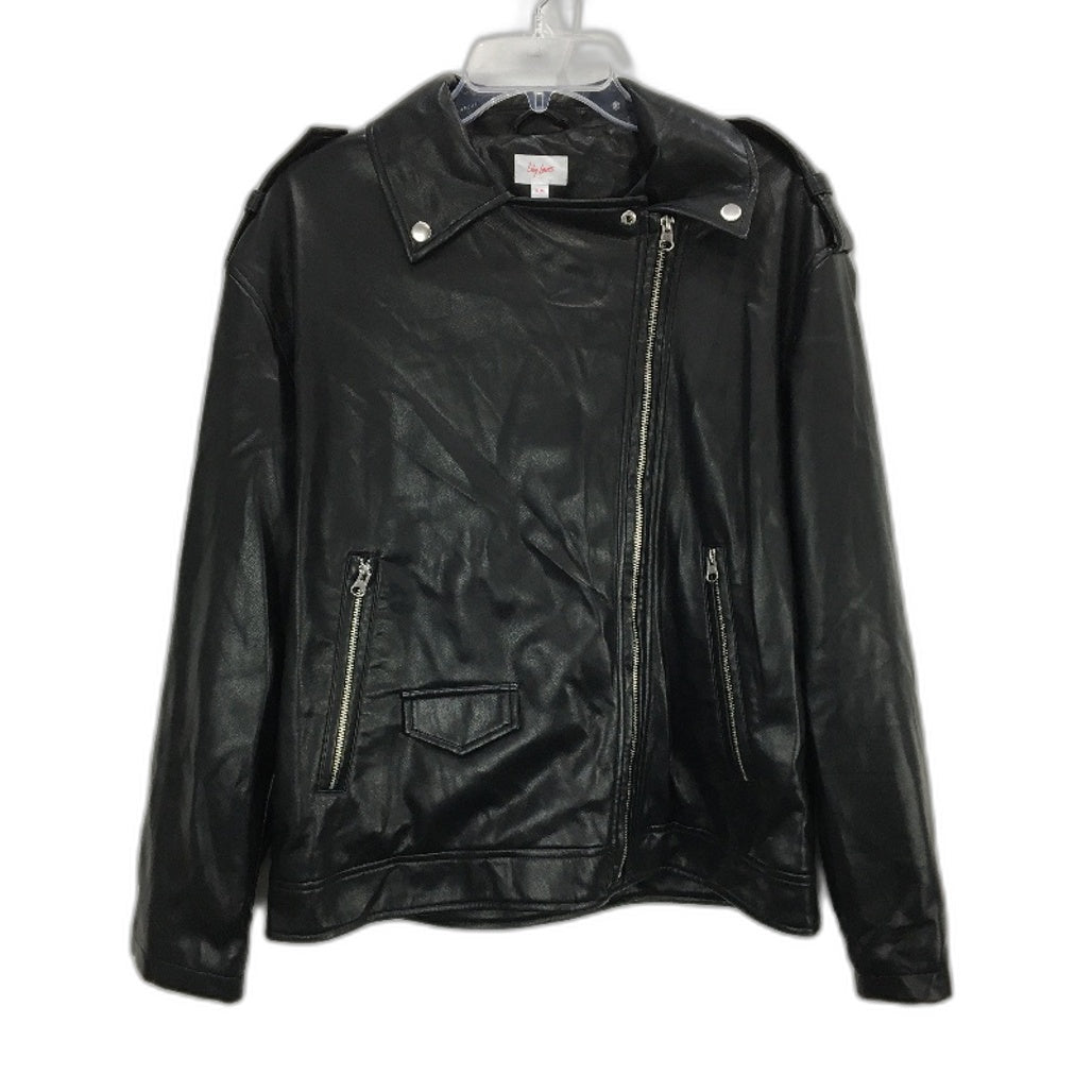 Lily Loves Black Casual Day PU Faux Leather Bomber Jacket Womens Size S-M NEW