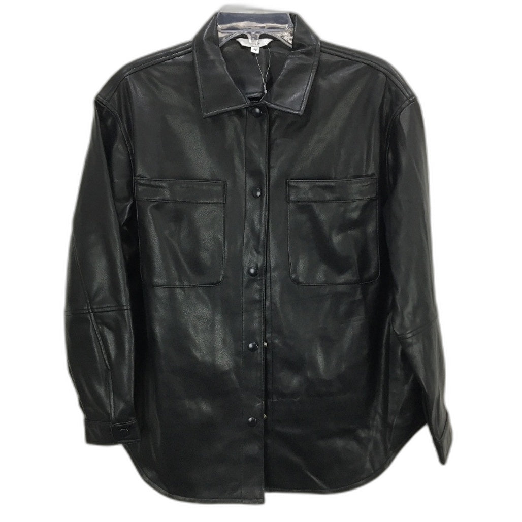 Black Faux Leather PU Button Down Kids Jacket With Front Pockets Youth Sz 10 NEW