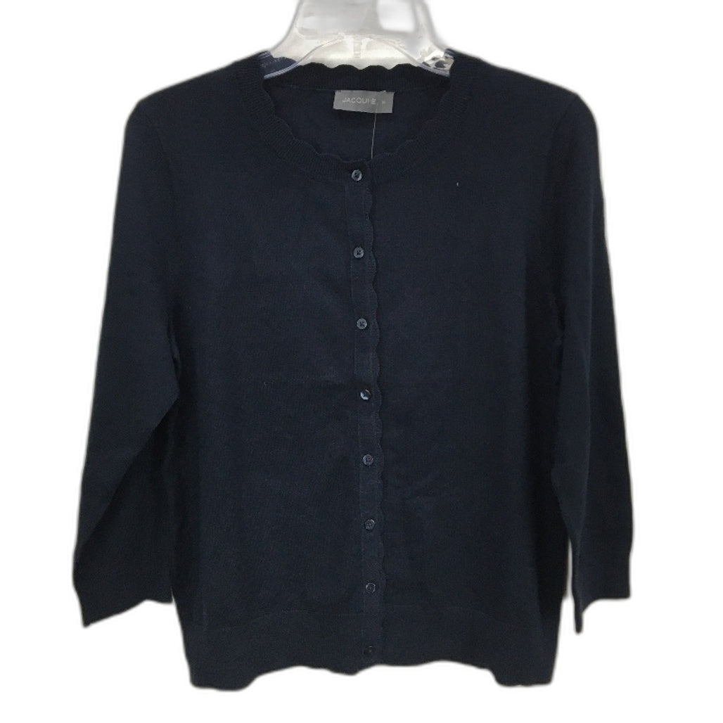 Jacqui E Mila 3/4 Sleeve Navy Blue Scallop Cardi Ladies Size Medium NEW