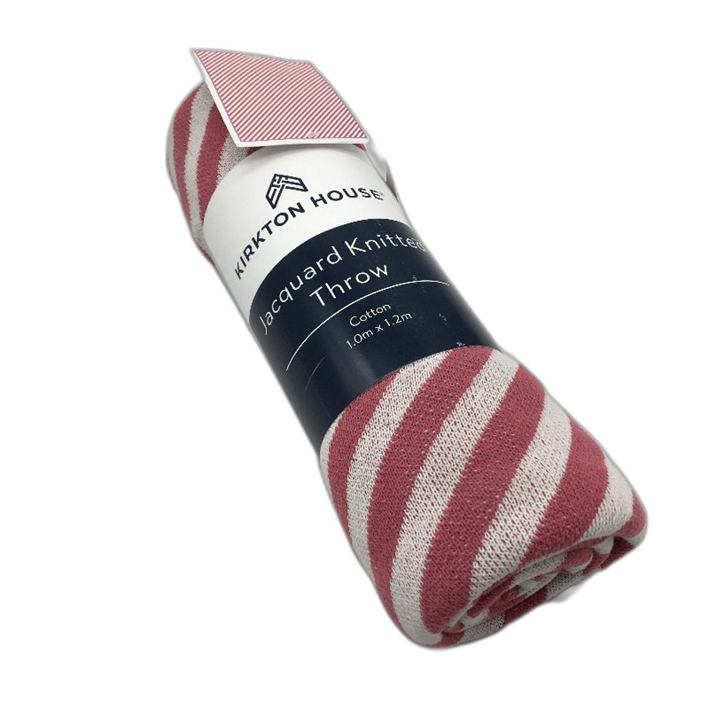 Kirkton House Jacquard Stripe Pink Knitted Cotton Throw 100cm x 120cm NEW