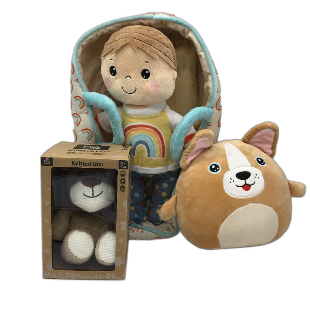 3pk My First Carry Doll and Dog Squishee and Knitted Lion Plush Toy Bundle NEW