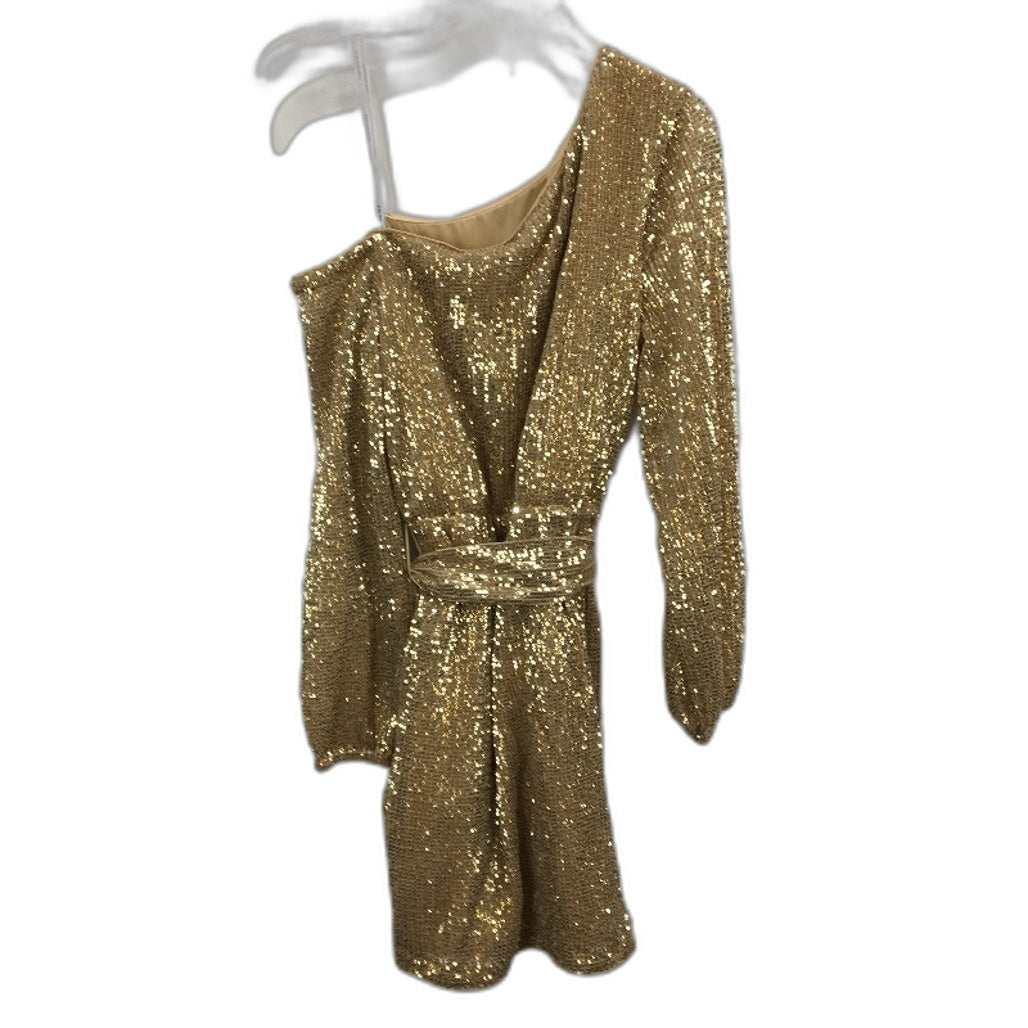 Forever New Gold Sequin Long Sleeve One-Shoulder Mini Dress Ladies Size AU 8