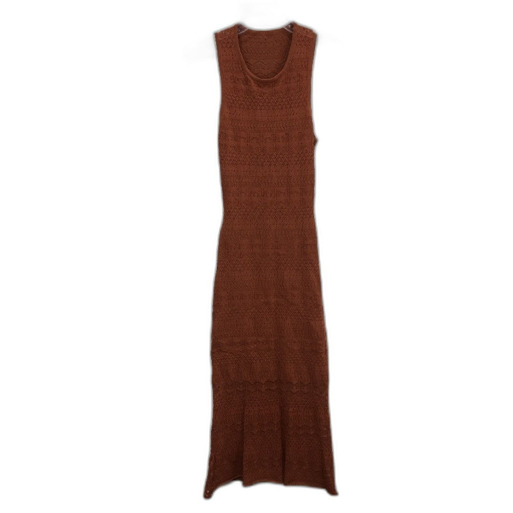 Brown Knit Open-Back Patterned Midi Tank Dress Beach Casual Ladies Size Small