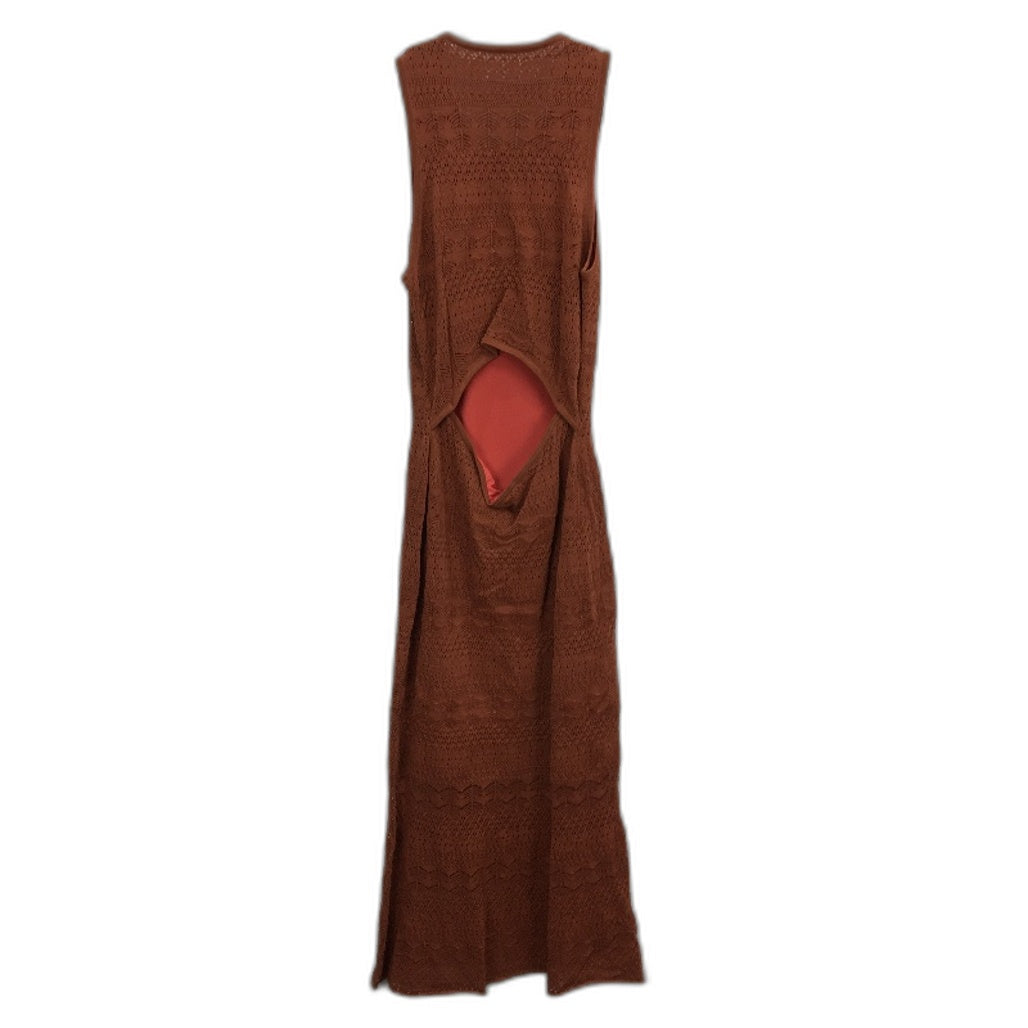 Brown Knit Open-Back Patterned Midi Tank Dress Beach Casual Ladies Size Small