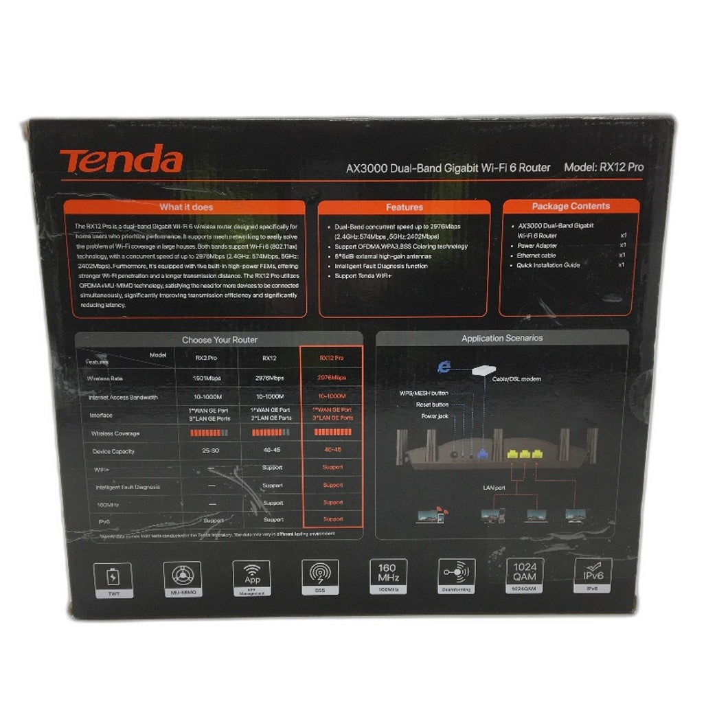 Tenda AX3000 WiFi 6 Dual Band Gigabit High Speed Home Internet Router RX12 Pro