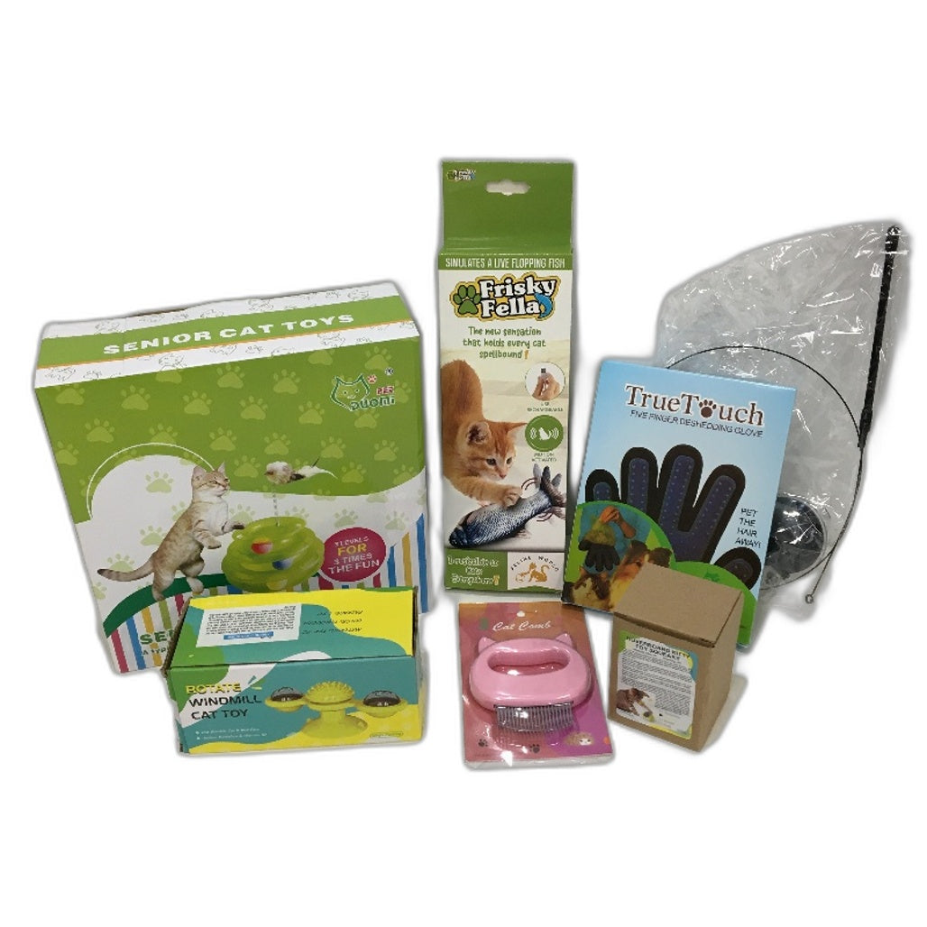 Feline World 7 Piece Toy Box Inc Roley Grooming Mitt & Comb Teaser Bird NEW