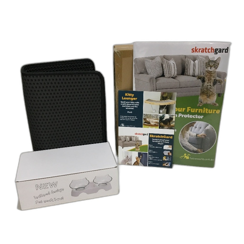 Feline World Cat Wellbeing Kit Mat, Lounger, Skratchgard & Anti Vomit Bowls NEW