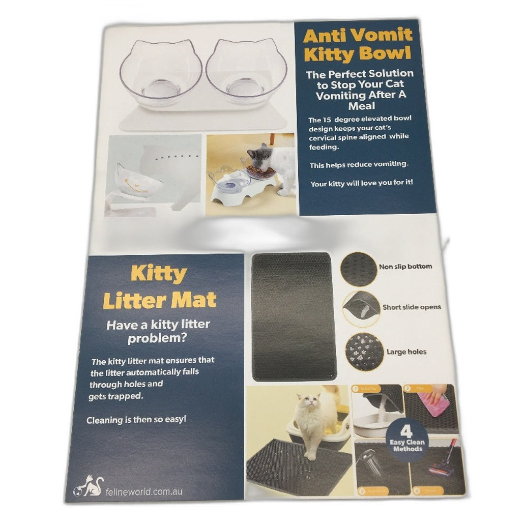 Feline World Cat Wellbeing Kit Mat, Lounger, Skratchgard & Anti Vomit Bowls NEW