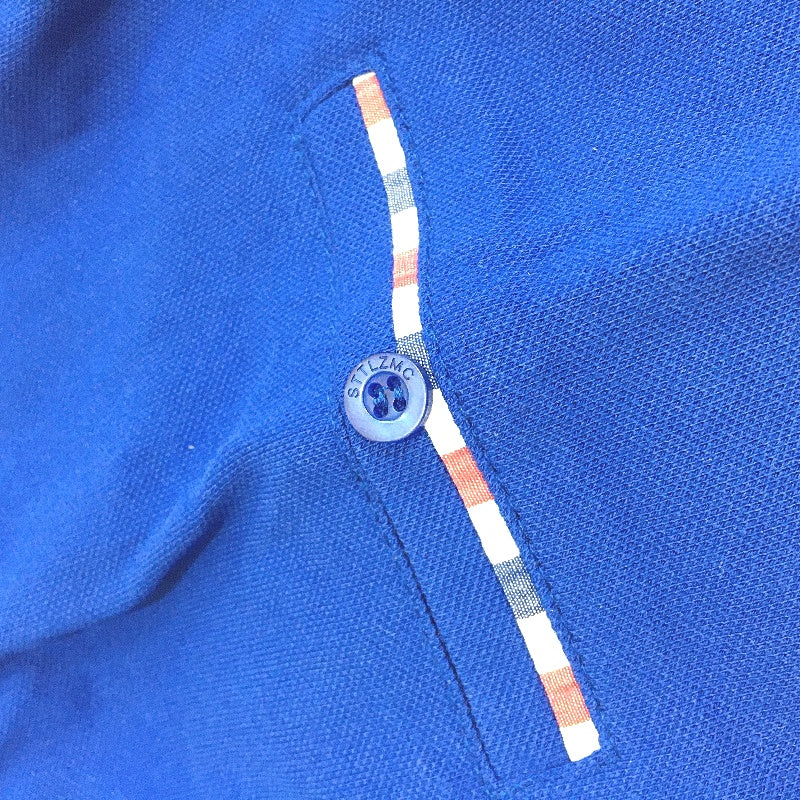 STTLZMC Blue Cotton Long Sleeve Slim Polo Shirt Contrast Plaid Collar Men Sz 2XL