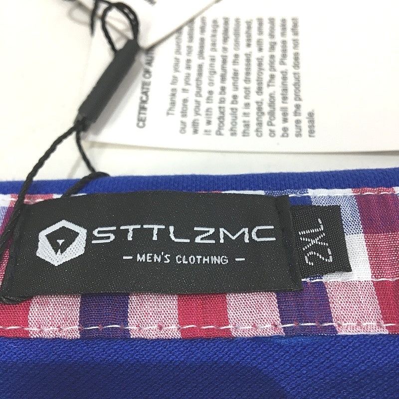 STTLZMC Blue Cotton Long Sleeve Slim Polo Shirt Contrast Plaid Collar Men Sz 2XL