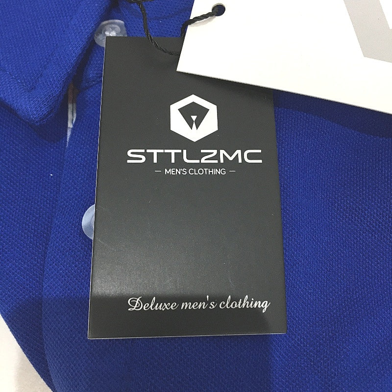 STTLZMC Blue Cotton Long Sleeve Slim Polo Shirt Contrast Plaid Collar Men Sz 2XL