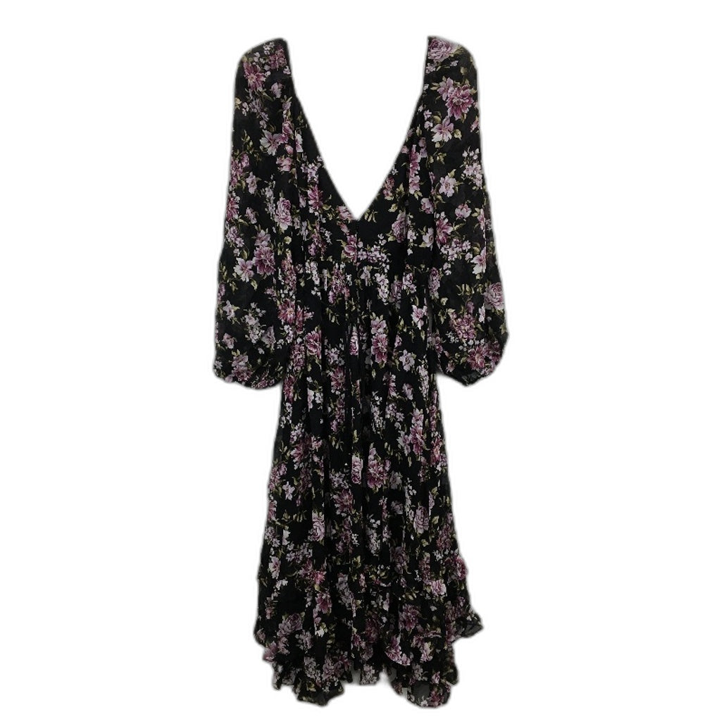 Forever New Black Long Sleeve Floral Layered Ruffle Midi Dress Ladies Size AU 8